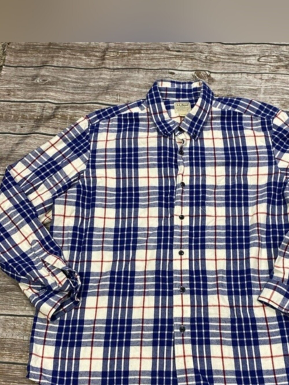NWOT L.L. Bean Men's Flannel Plaid Button-Down Blue White Red - Size L Reg